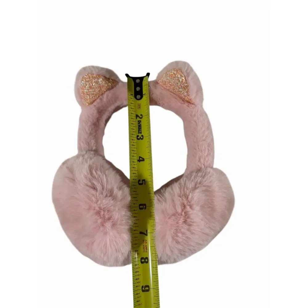 Girls Plush Cat Ear Earmuffs Pink Faux Fur Glitter Ears Winter Warmers Youth